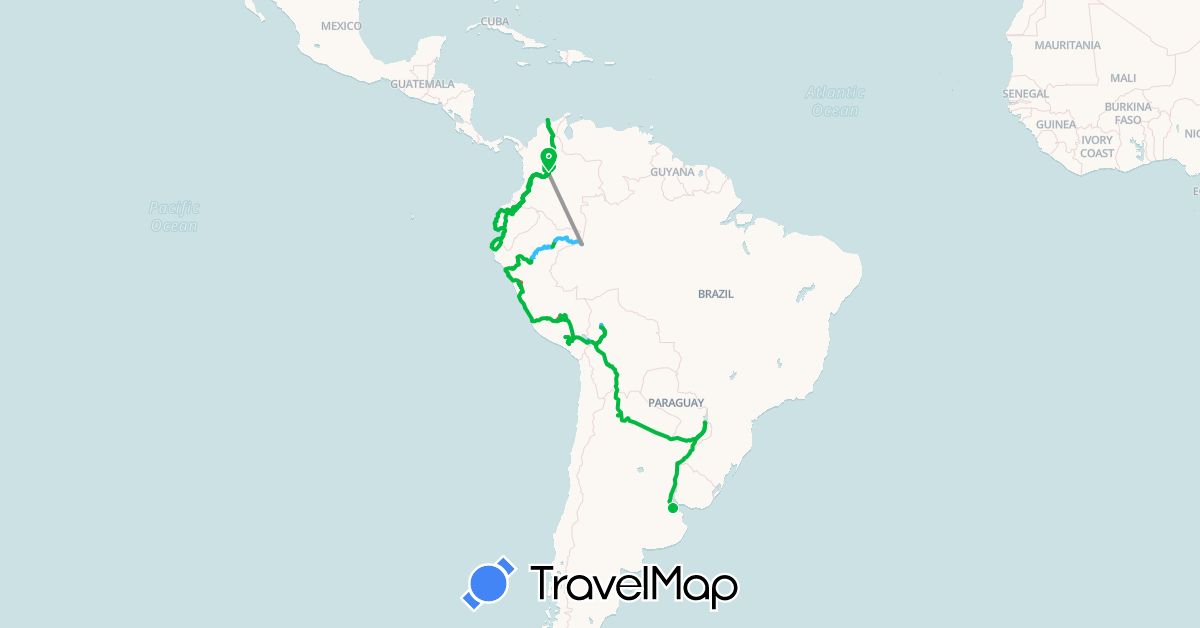 TravelMap itinerary: driving, bus, plane, hiking, boat in Argentina, Bolivia, Colombia, Ecuador, Peru (South America)